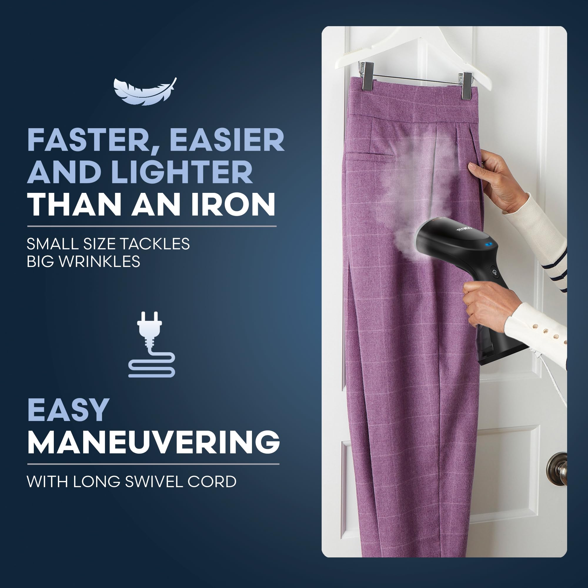 Conair steamer long swivel cord reaches sleeves and curtains comfortably.