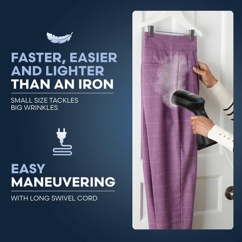 Conair steamer long swivel cord reaches sleeves and curtains comfortably.