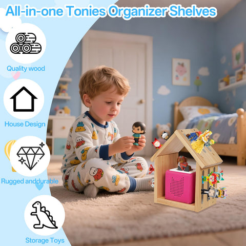 Durable wooden Tonies storage keeps up to 36 figures organized.