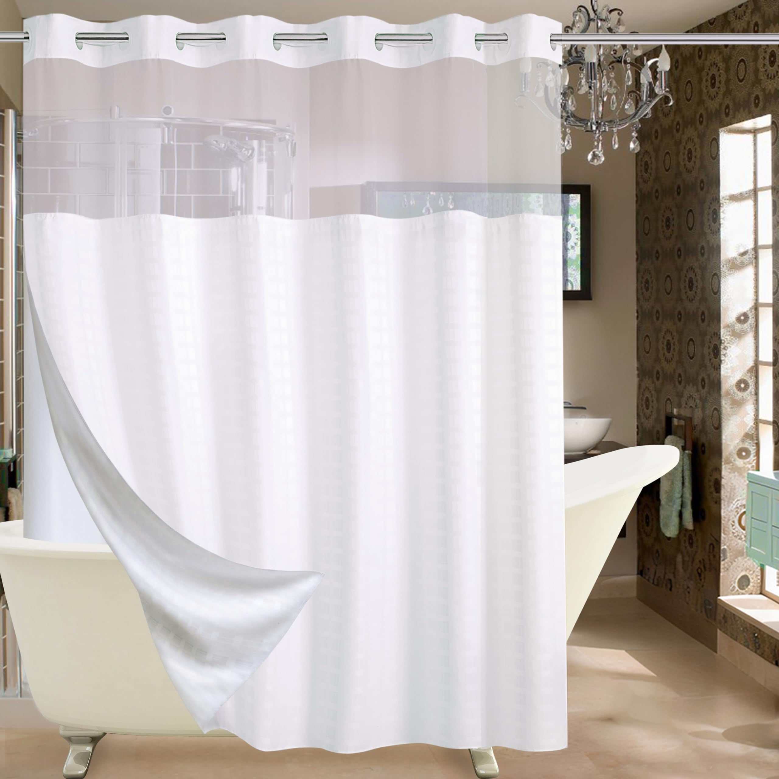 Conbo Mio extra-wide curtain full view shows hotel-style bathroom look
