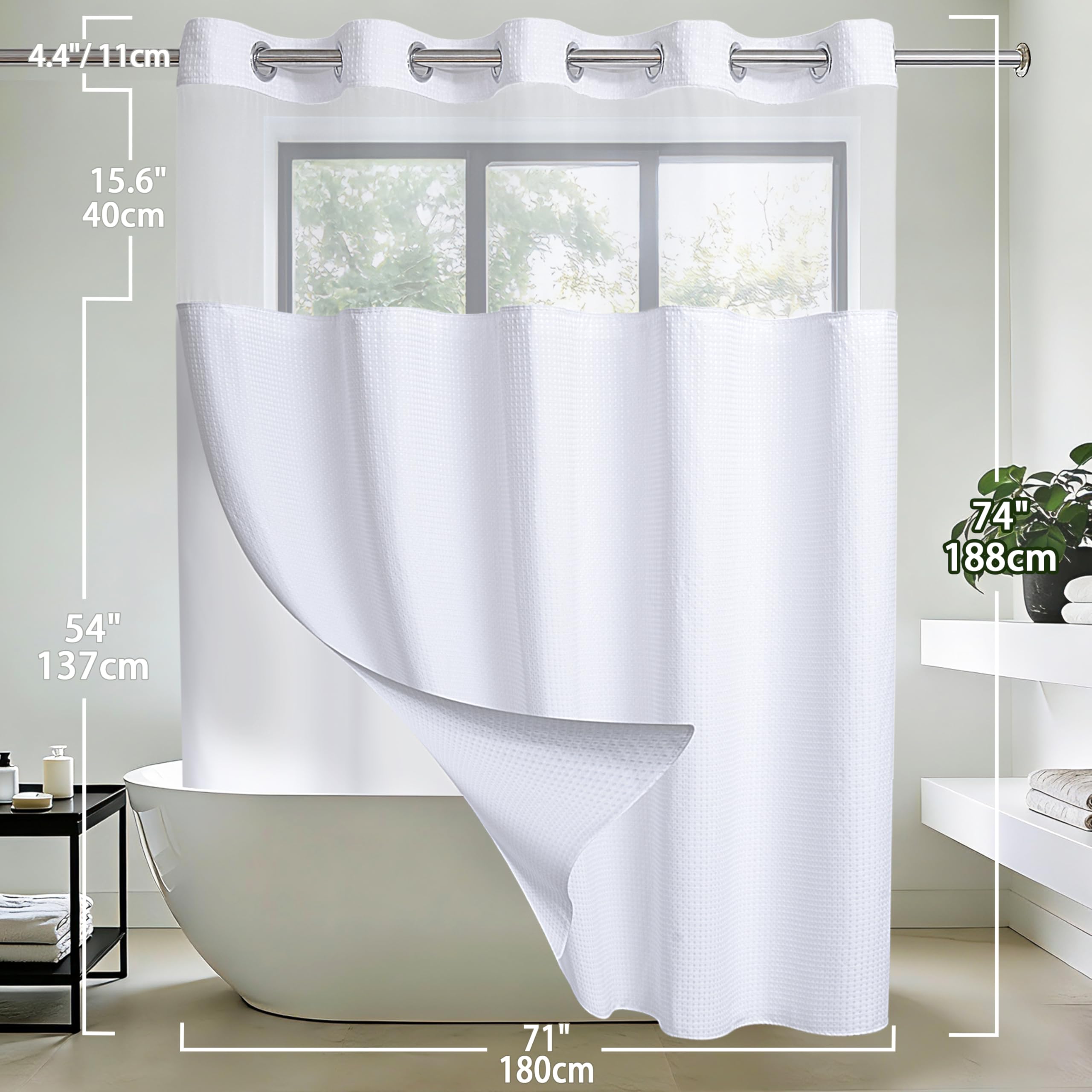 Conbo Mio universal fit works with straight or curved shower rods.
