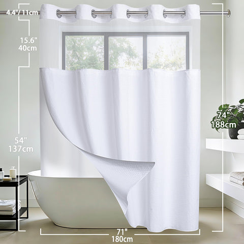 Conbo Mio universal fit works with straight or curved shower rods.