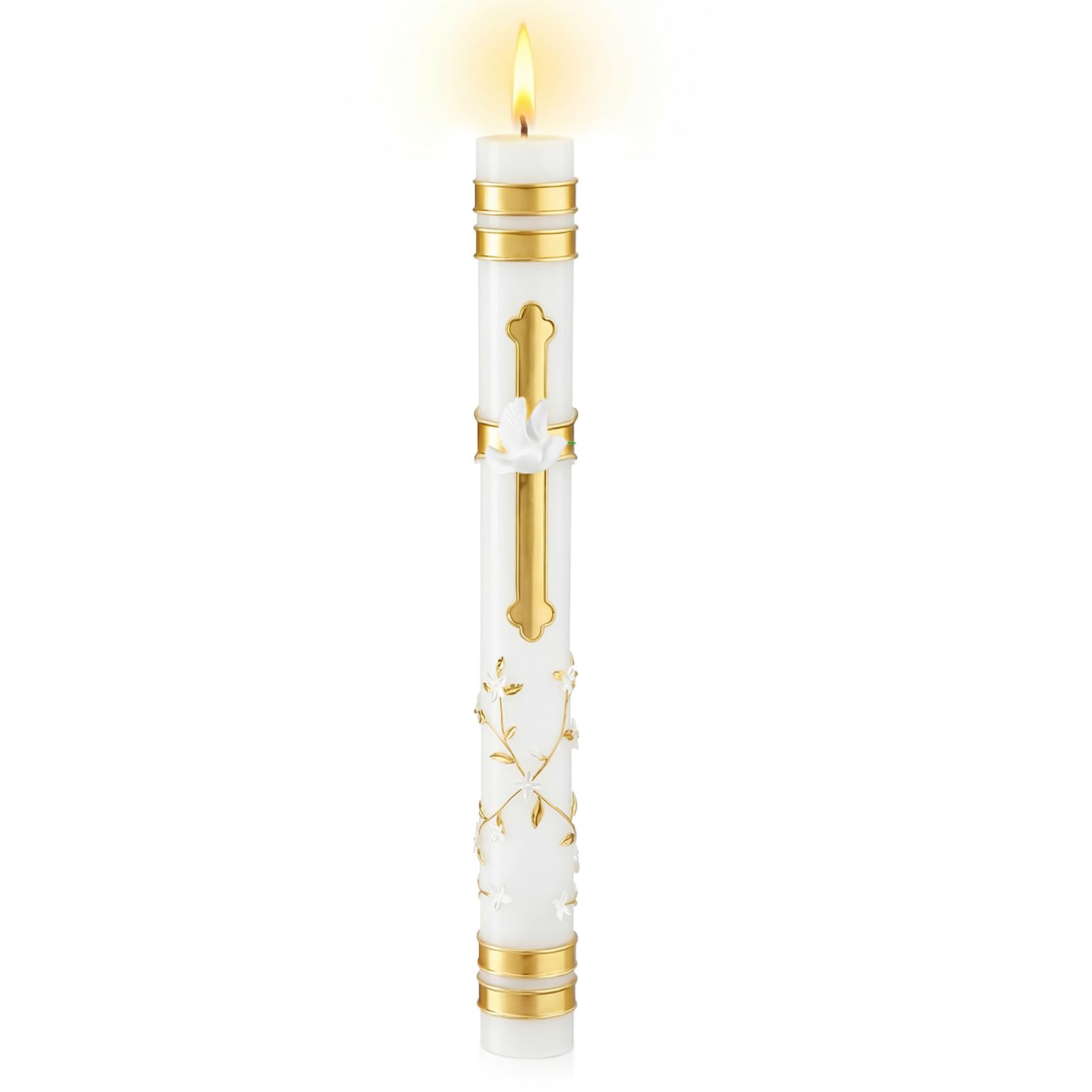 Conelist baptism candle with an embossed gold cross for sacred ceremonies.