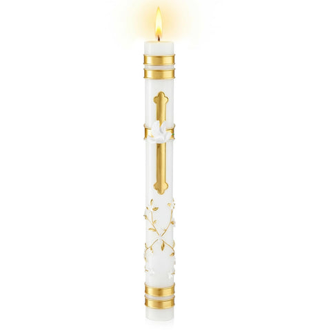 Conelist baptism candle with an embossed gold cross for sacred ceremonies.