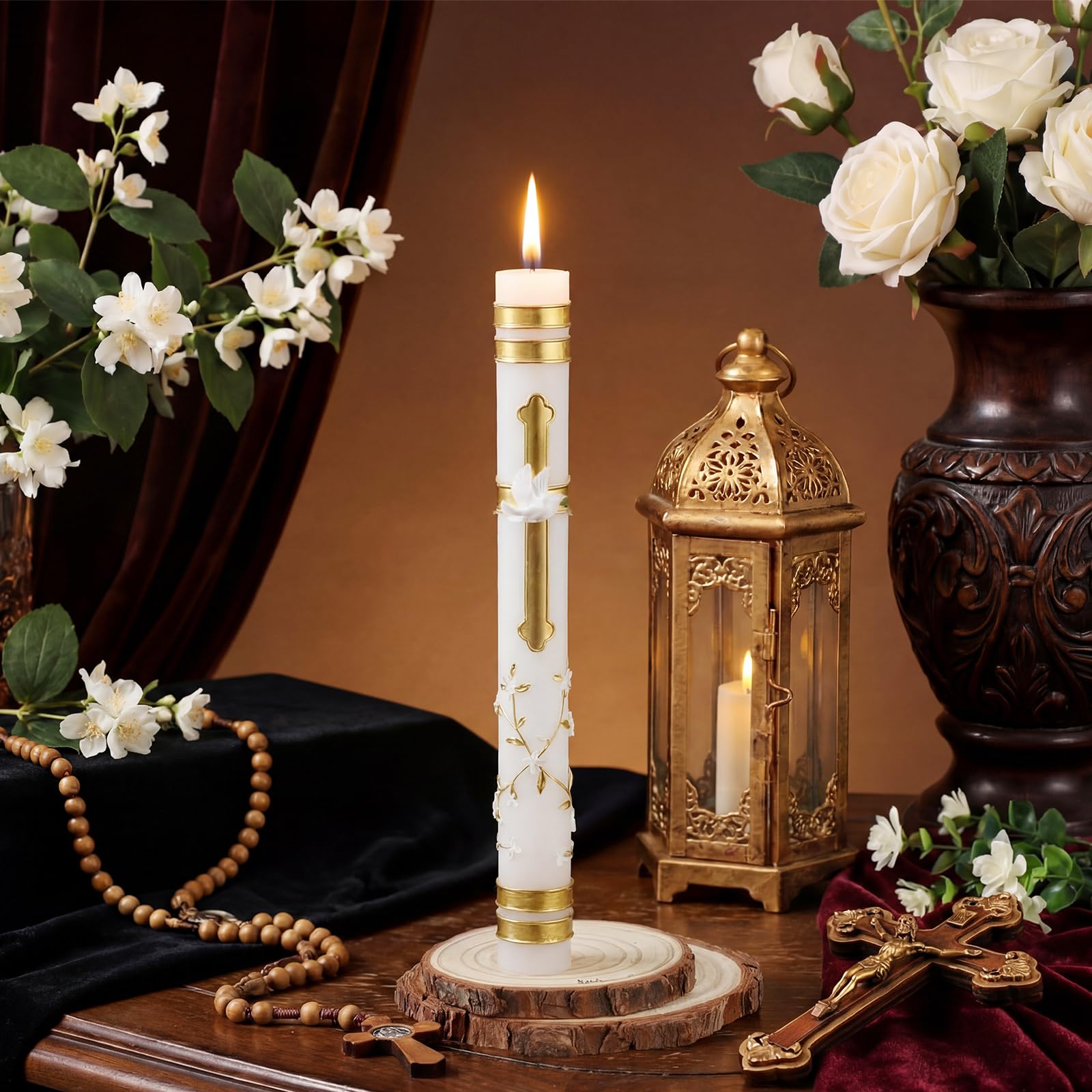 Conelist baptism candle showing gold trim details, elegant home altar display.