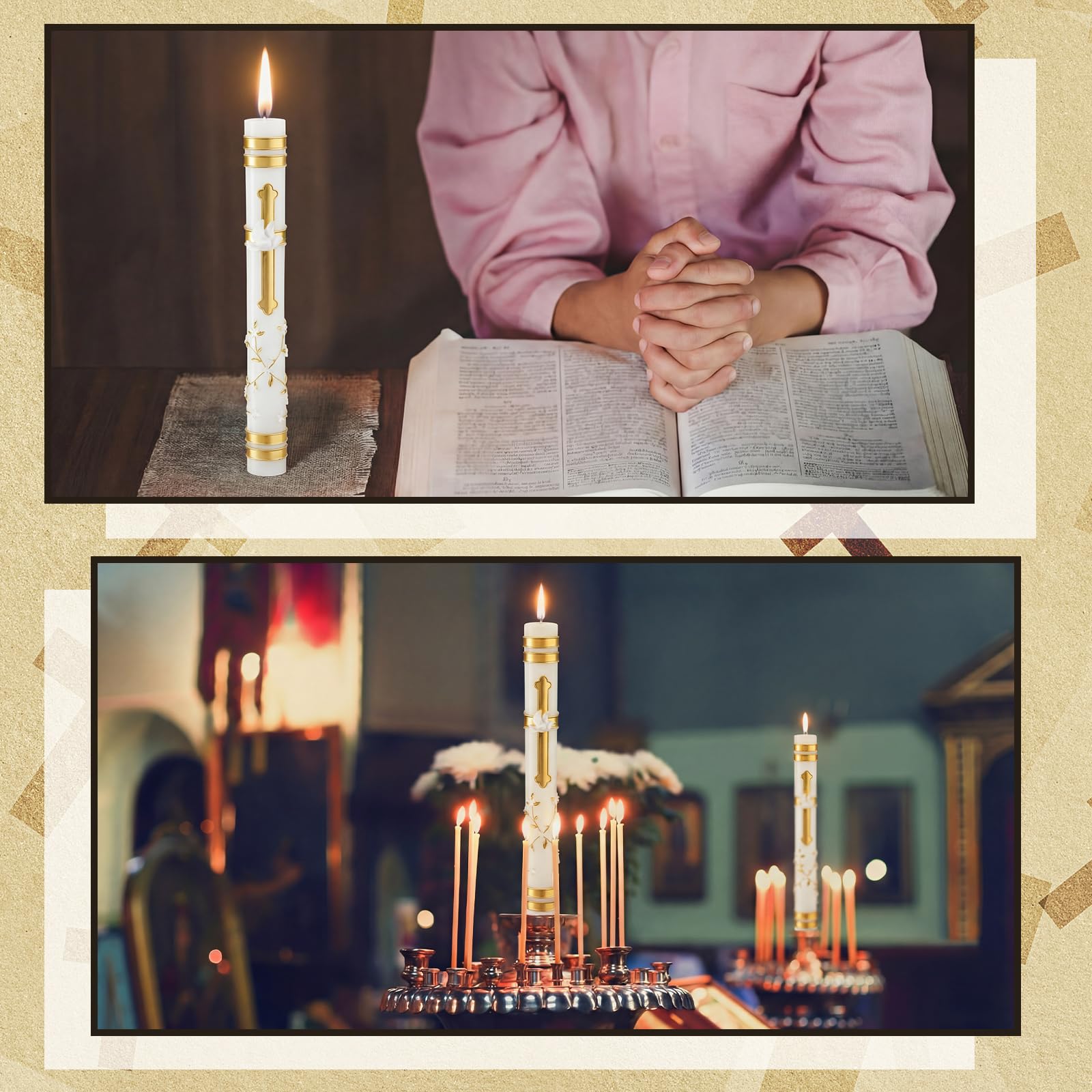 Conelist baptism candle size 23 cm fits prayer corners.