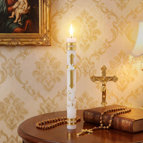 Conelist candle with white flowers on a gold stem, symbolizing new life.