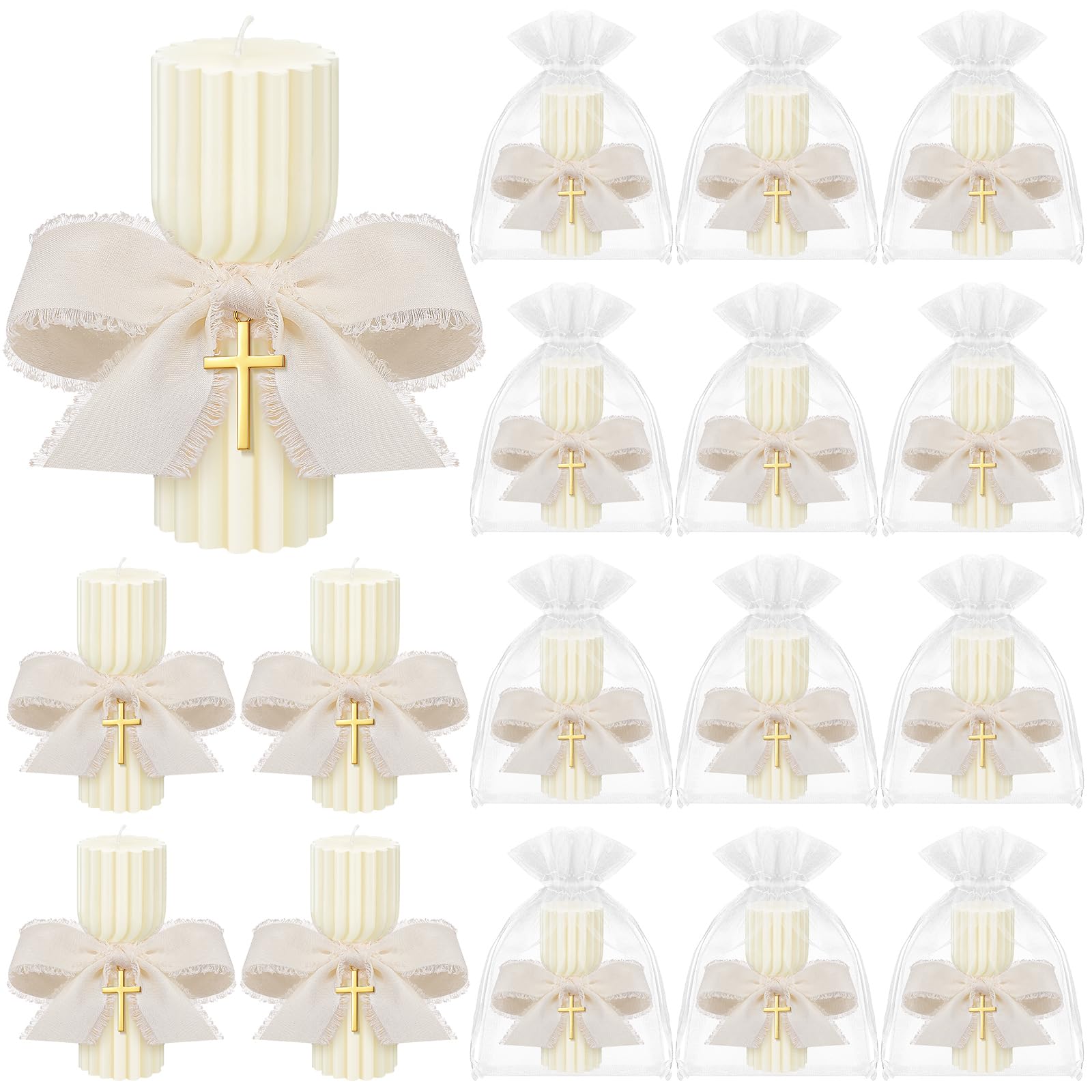 Conelist baptism candles with bows and crosses for elegant First Communion decor.