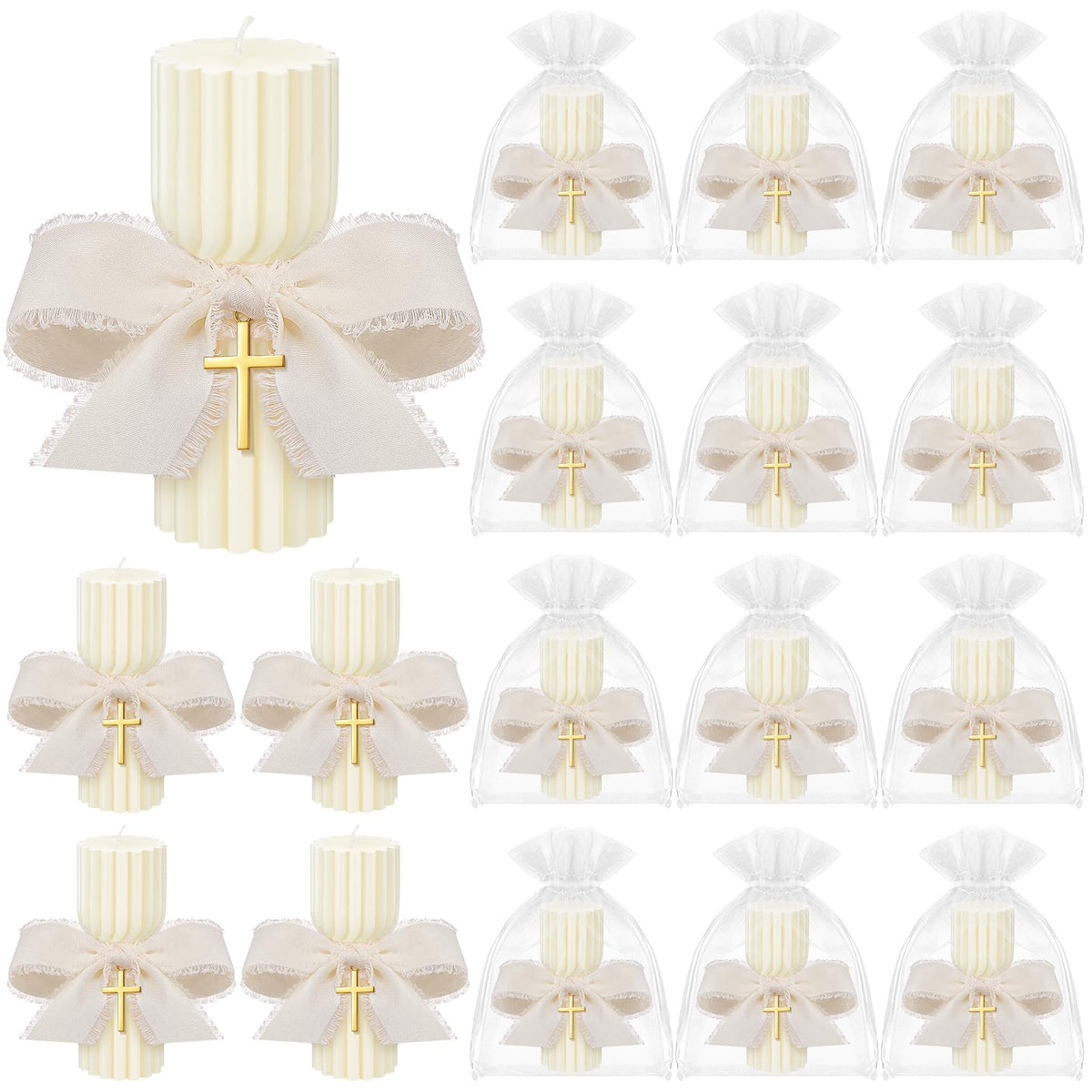 Conelist baptism candles with bows and crosses for elegant First Communion decor.
