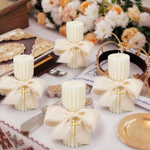 Conelist christening candle creates serene, respectful setting.