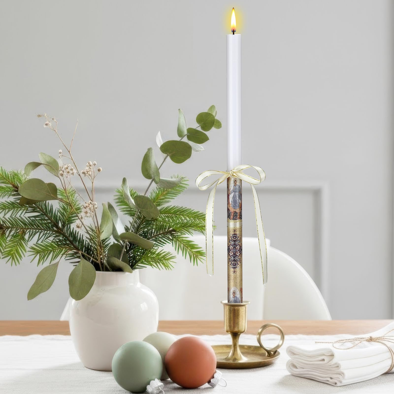 Conelist Easter table centerpiece with Christ icon