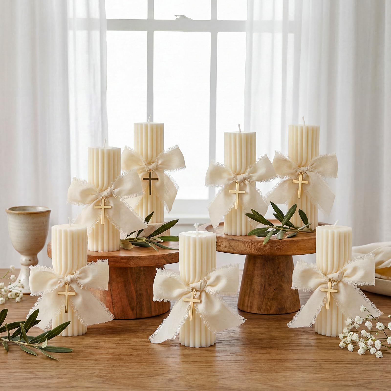 Conelist First Communion table decor with 12-set candles.