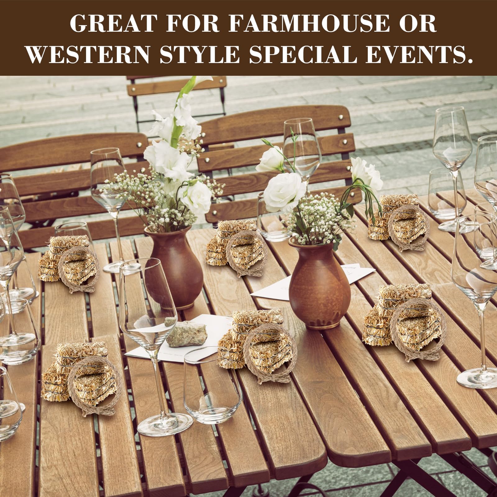 Conelist hay bales on table display highlighting versatile western decor.