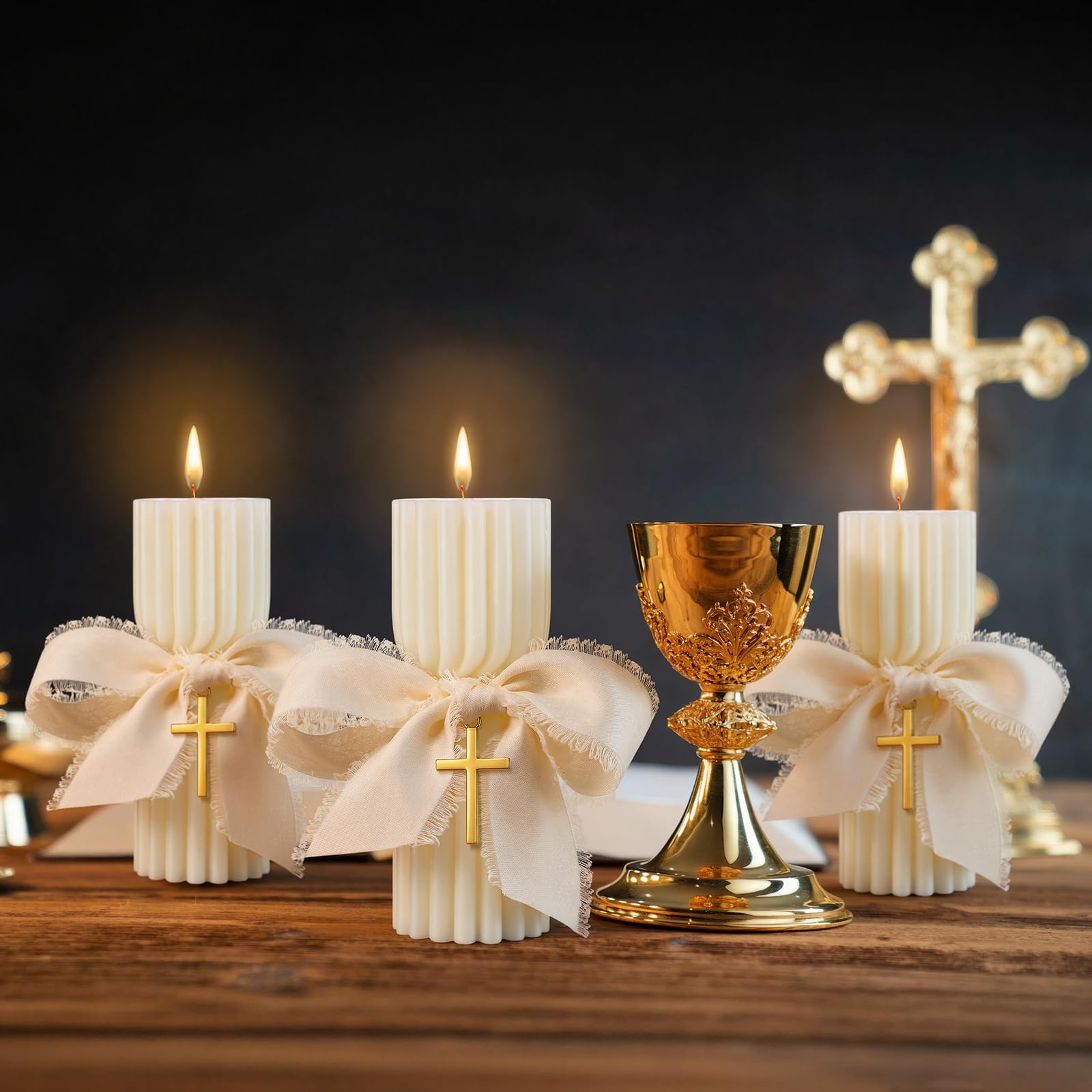 Conelist metal cross detail on candle enhances sacred symbolism.