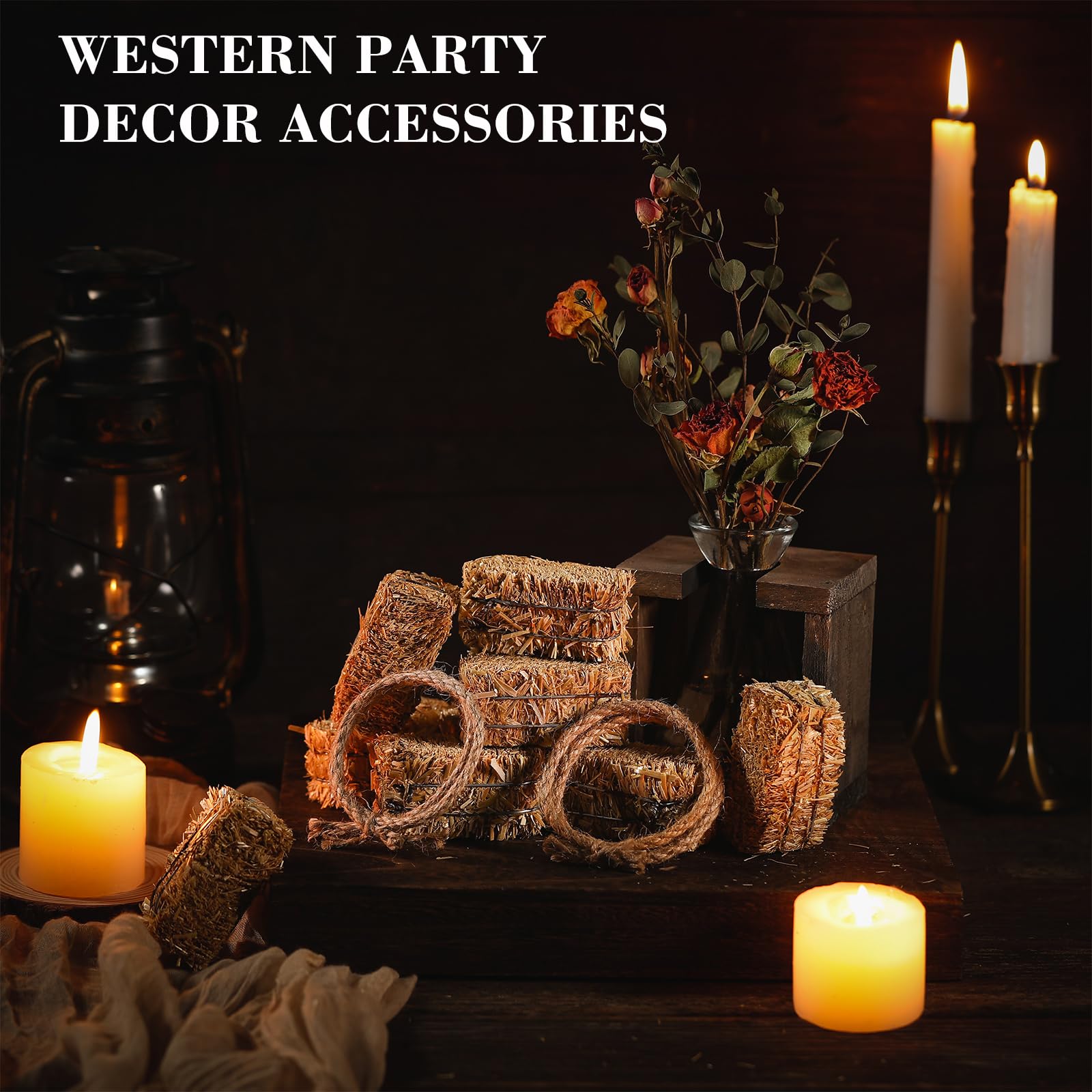 Conelist mini hay bale centerpiece set showcases compact rustic charm.