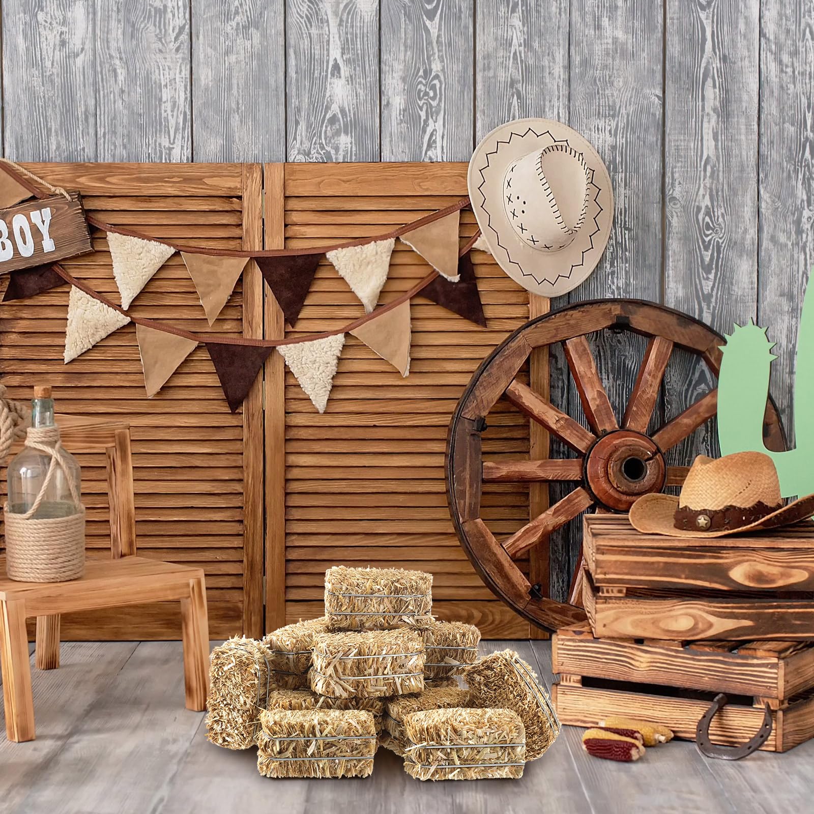 Conelist nativity miniature scene decor with rustic hay bales accent.