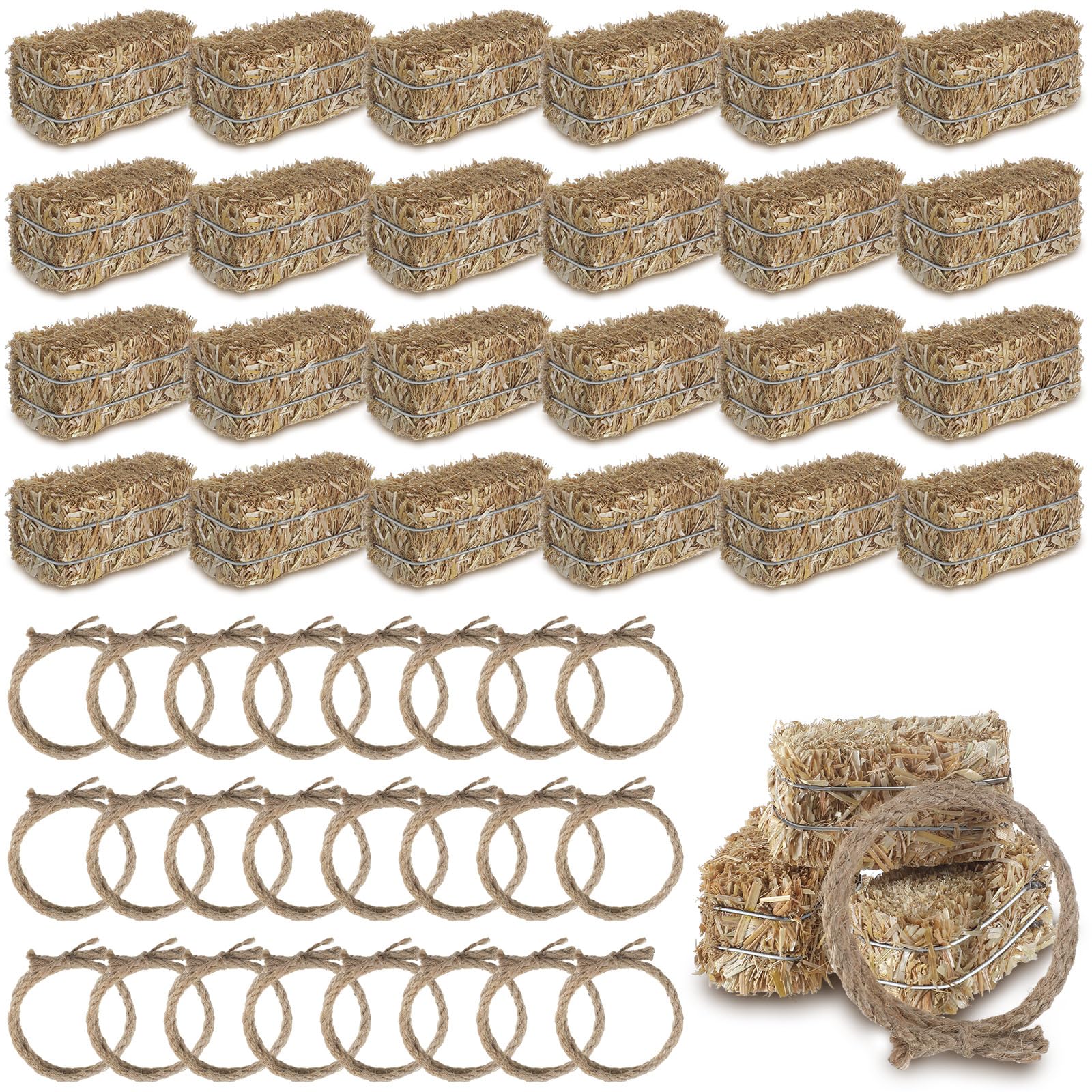 Conelist mini hay bales closeup for rustic table centerpieces.