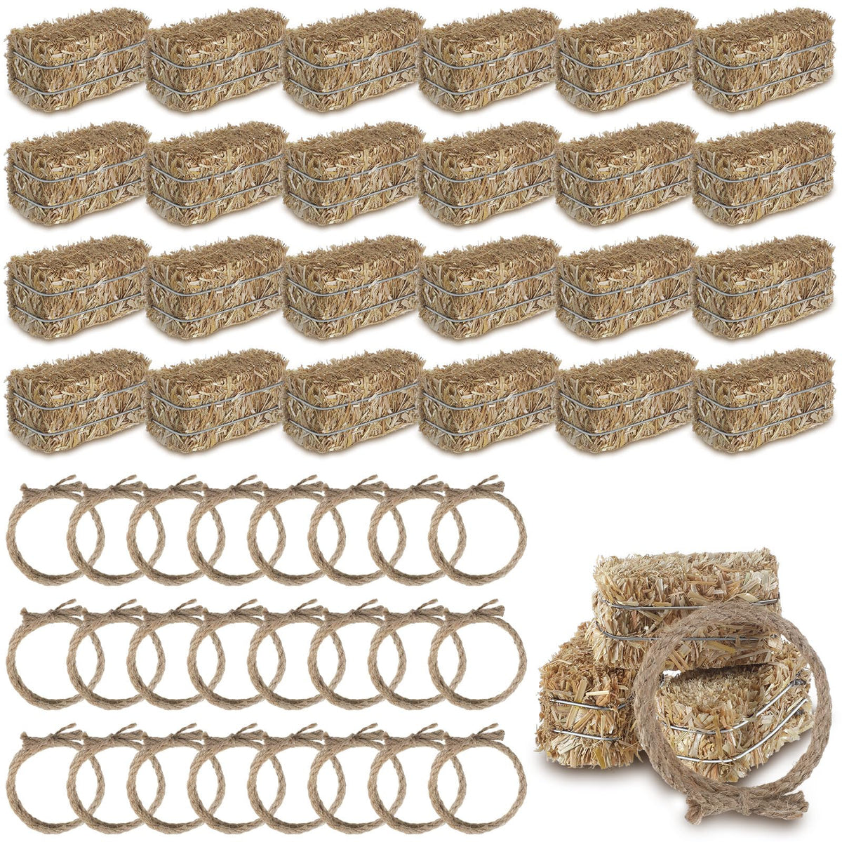 Conelist mini hay bales closeup for rustic table centerpieces.