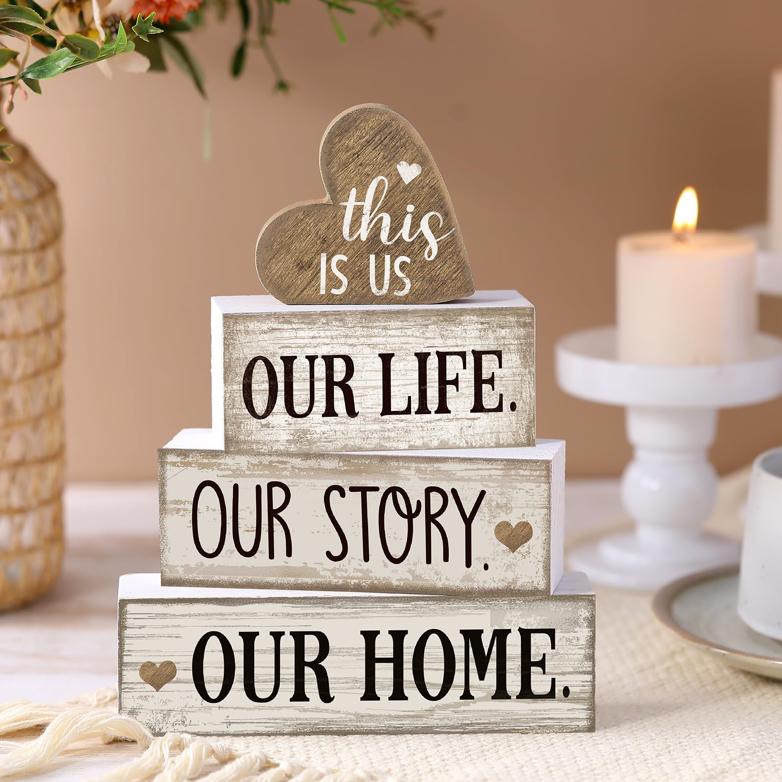 Conelist wooden tiered tray decor set creates a stylish display on kitchen or coffee table.