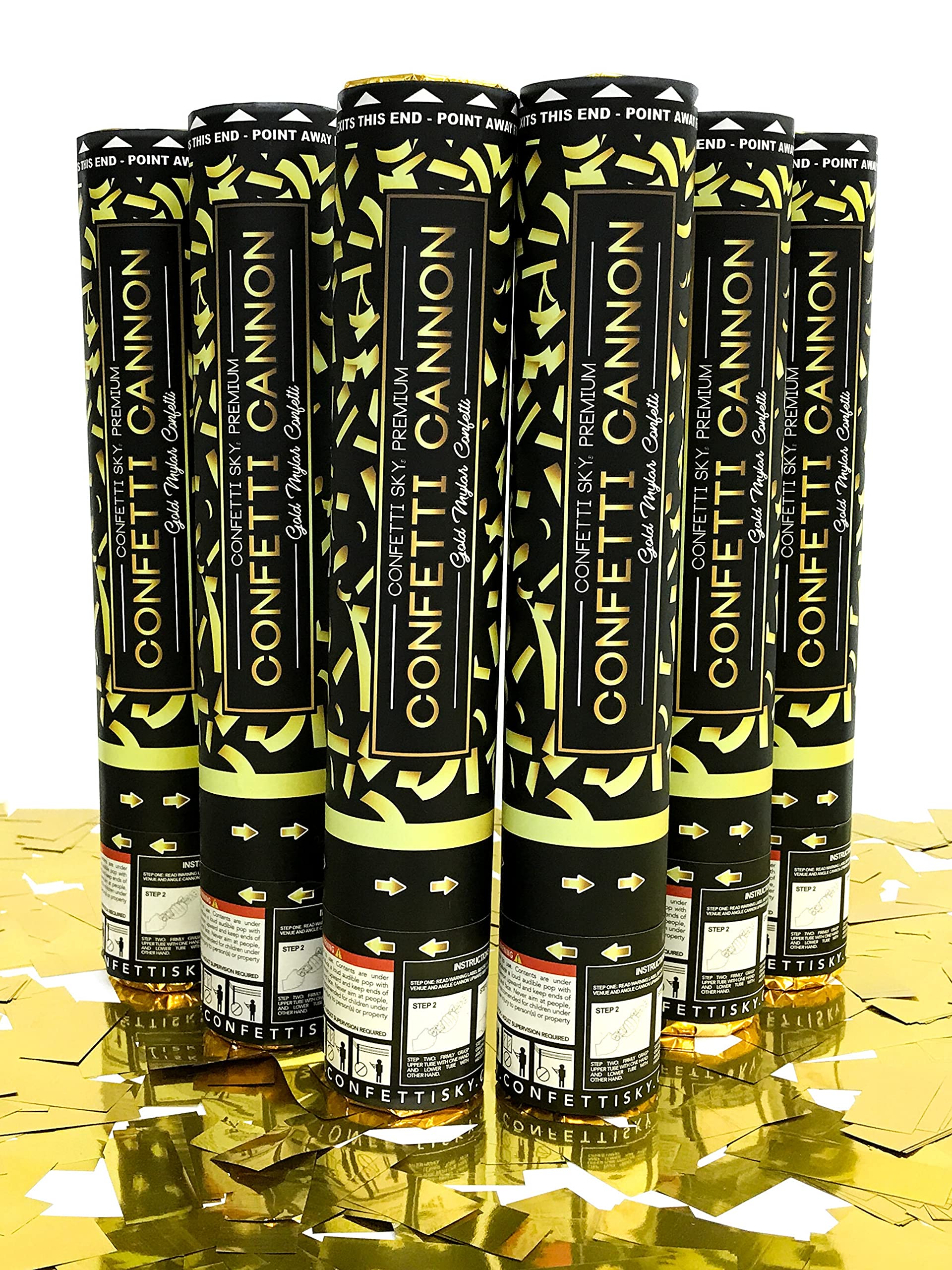 Confetti Sky 6-pack 12-inch cannons fire vibrant gold confetti for celebrations.
