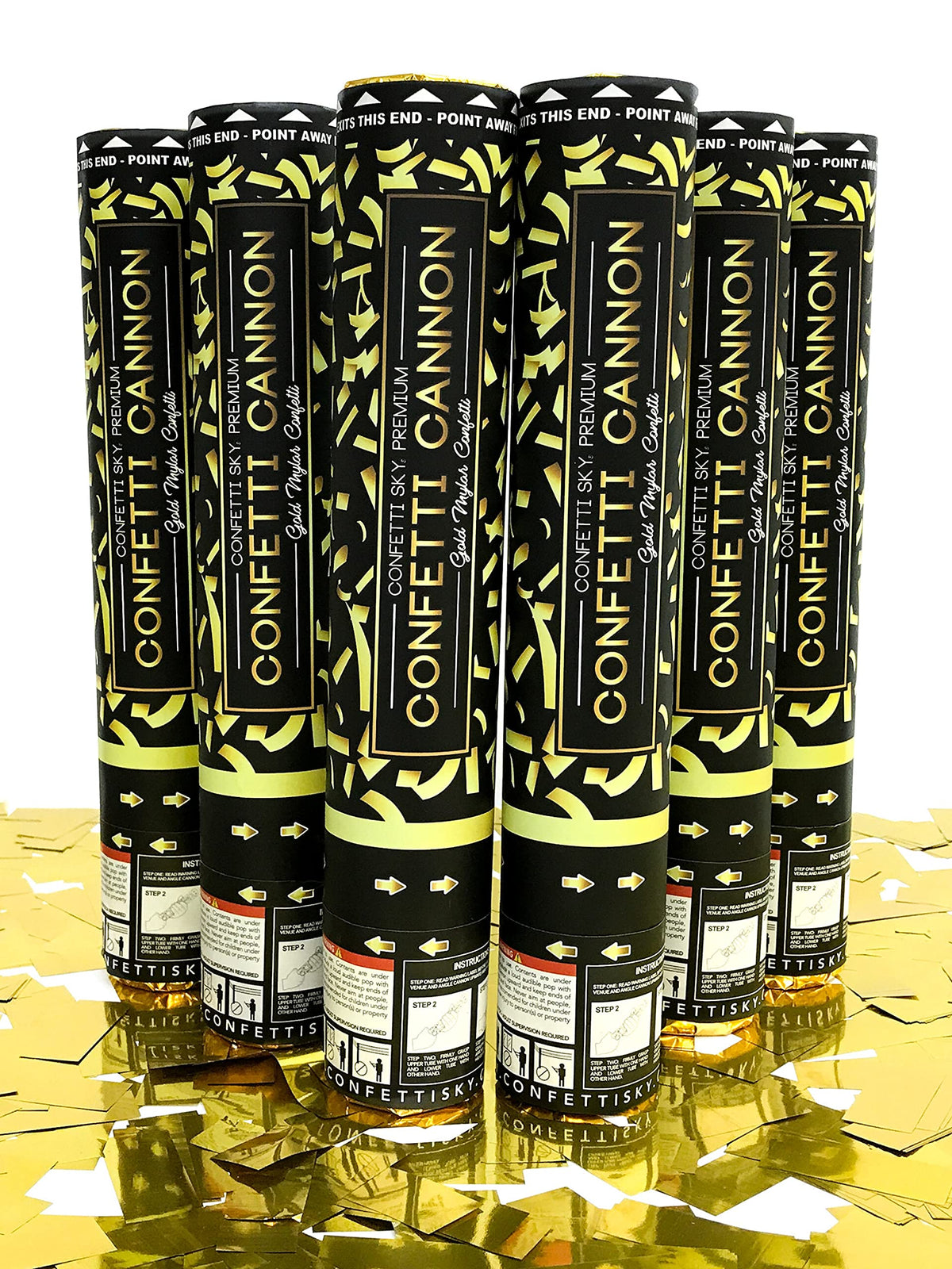 Confetti Sky 6-pack 12-inch cannons fire vibrant gold confetti for celebrations.