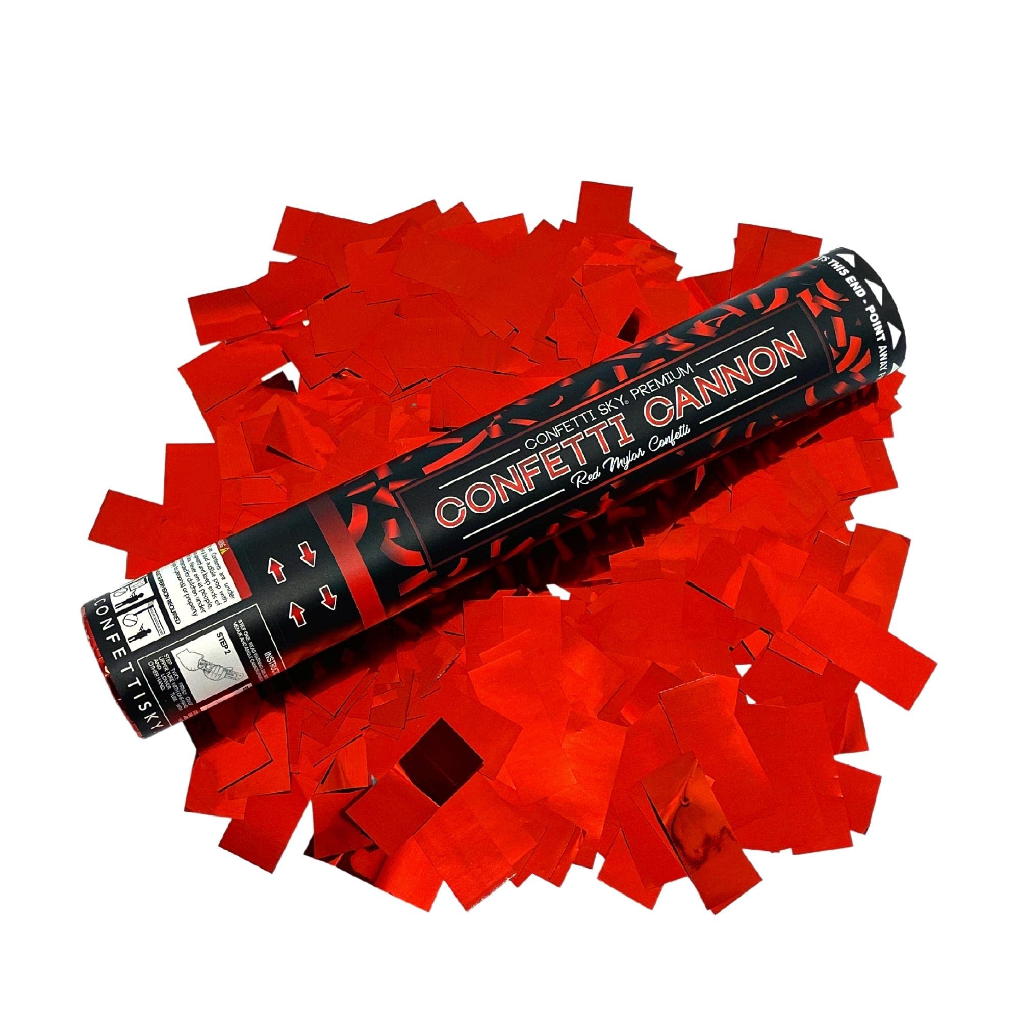 Confetti Sky graduation celebration cannon creates a celebratory red skyburst