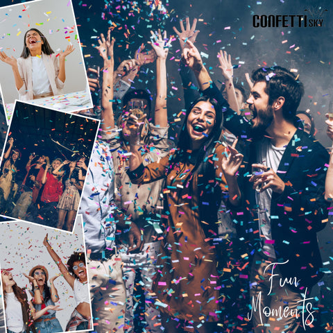 Outdoor event scene featuring Confetti Sky cannons in action