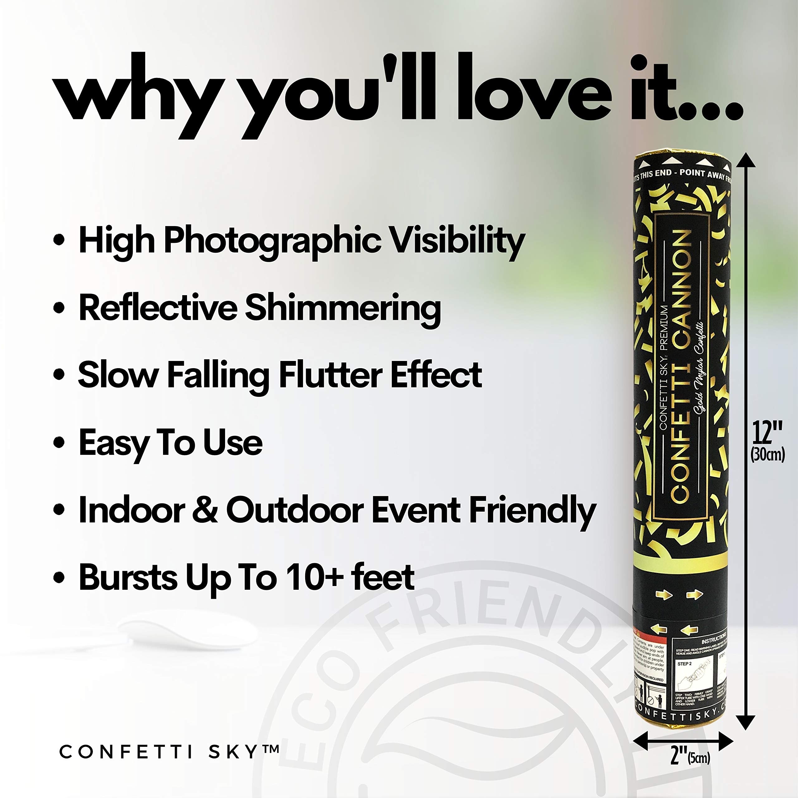 Confetti Sky twist-base release creates a safe confetti burst.