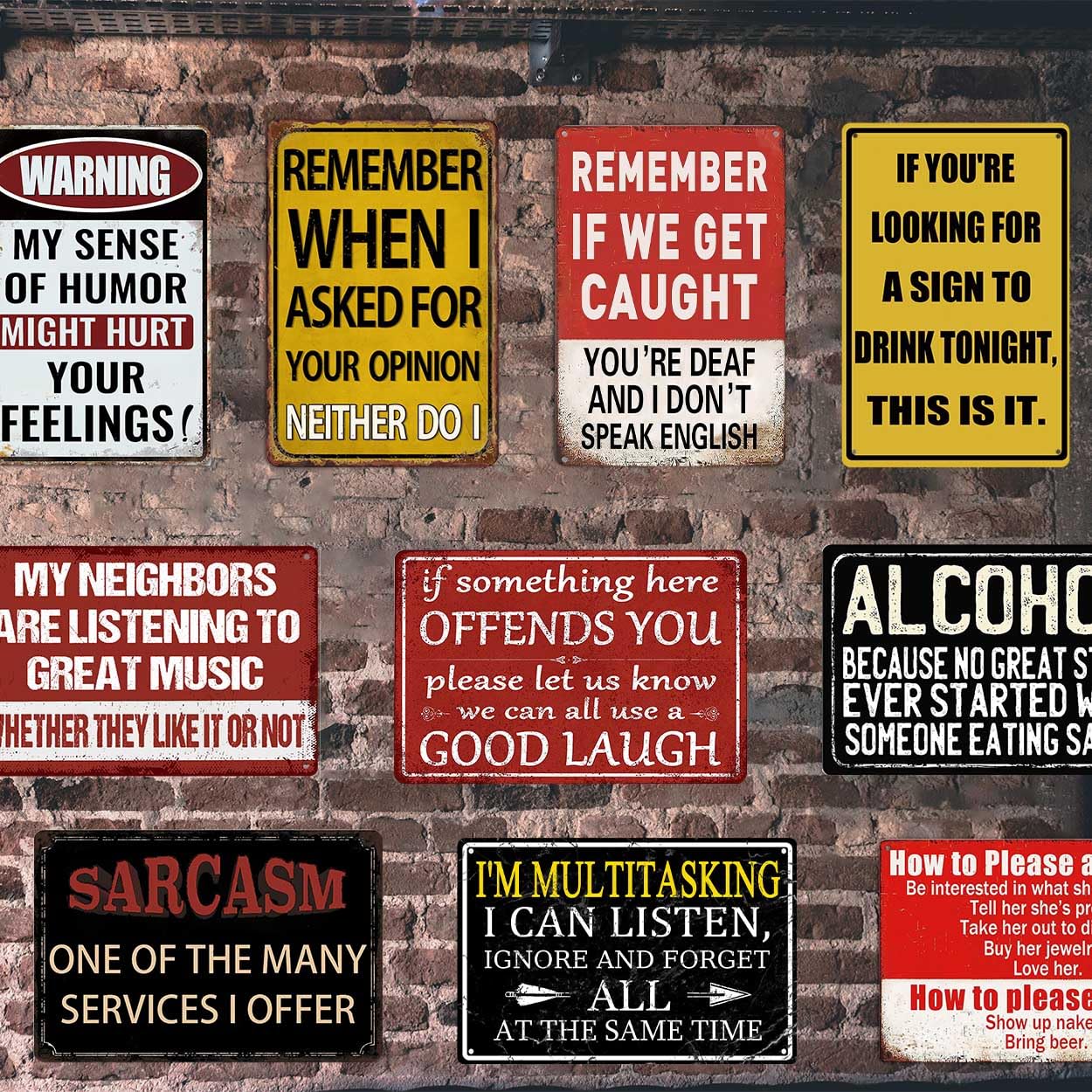 CONHUIDF seven-piece tin sign collection transforms walls with style.