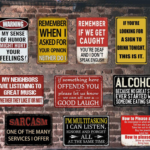 CONHUIDF seven-piece tin sign collection transforms walls with style.