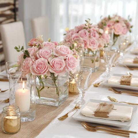CONNOO 9-pack square glass vases centerpiece setup ideal for weddings, birthdays, and home table decor.