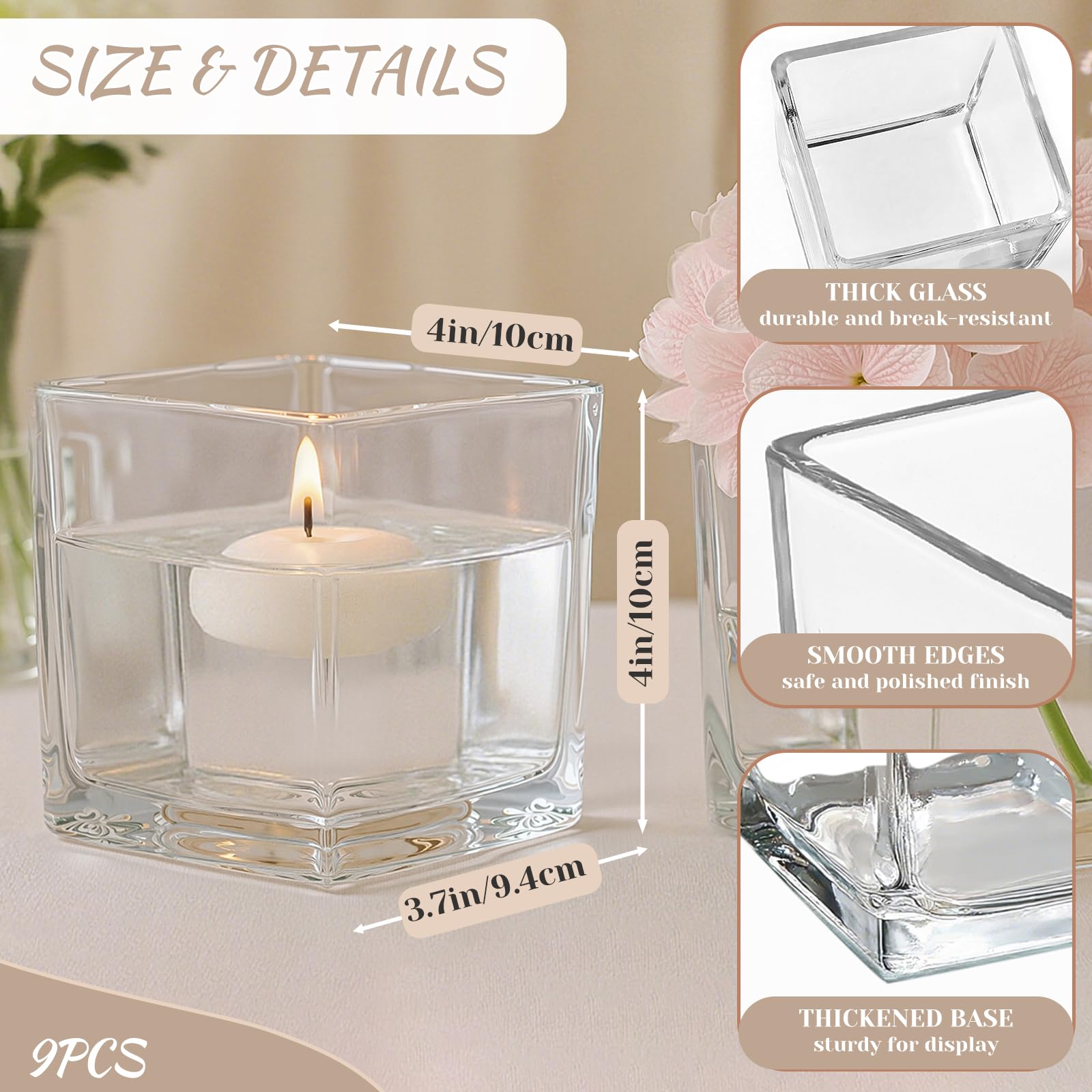 CONNOO 4x4x4 square glass vase crystal-clear body showcases flowers beautifully and is easy to clean.