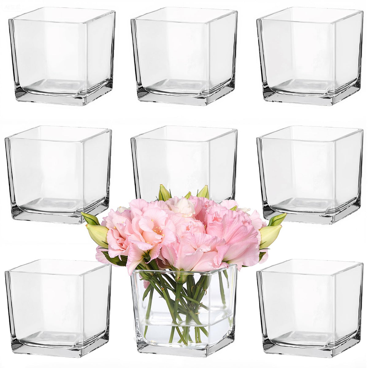 CONNOO 9-pack square glass vases front view highlights bulk centerpiece options for events.