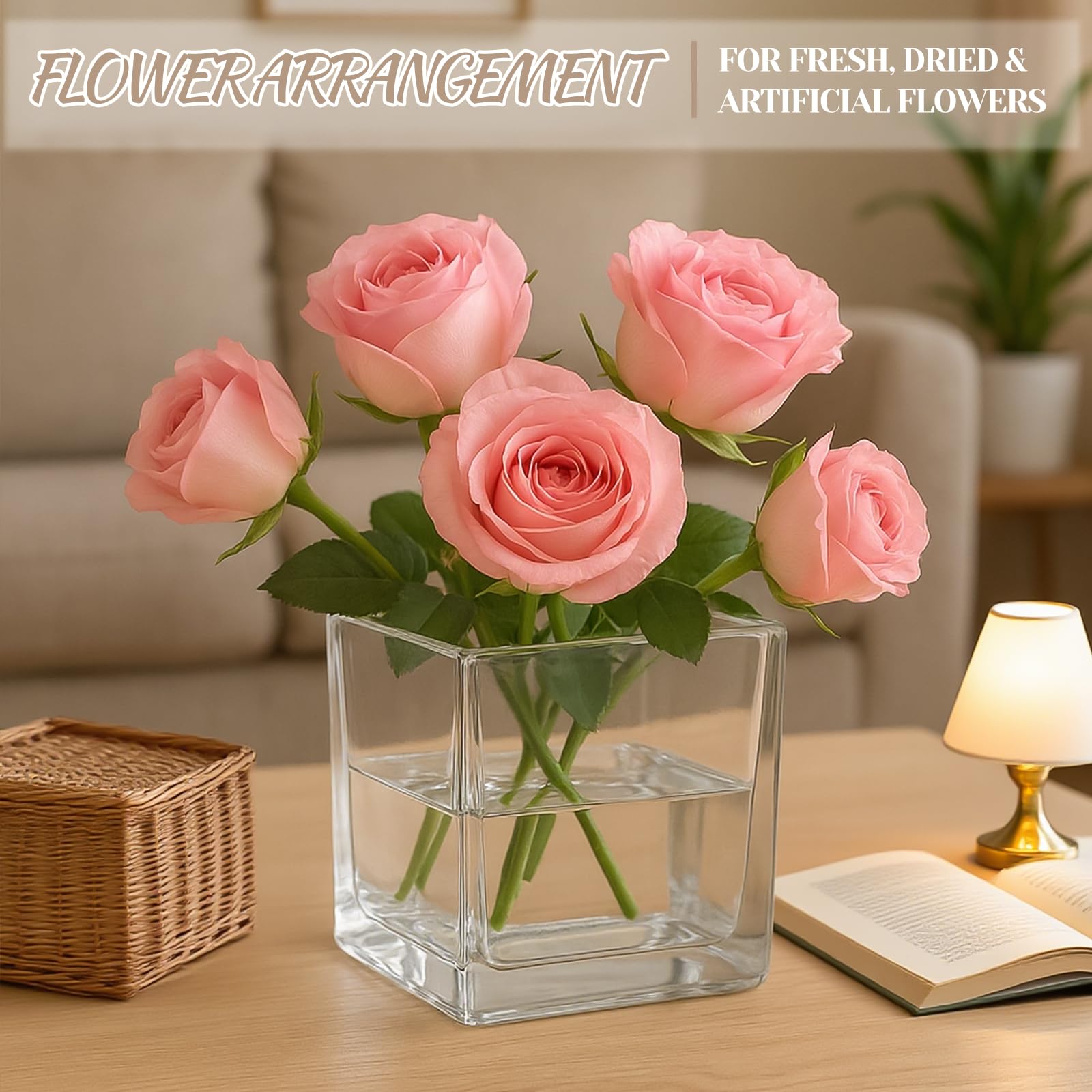 CONNOO 9-pack square glass vases side view emphasizes stable, weighted base for steady displays.