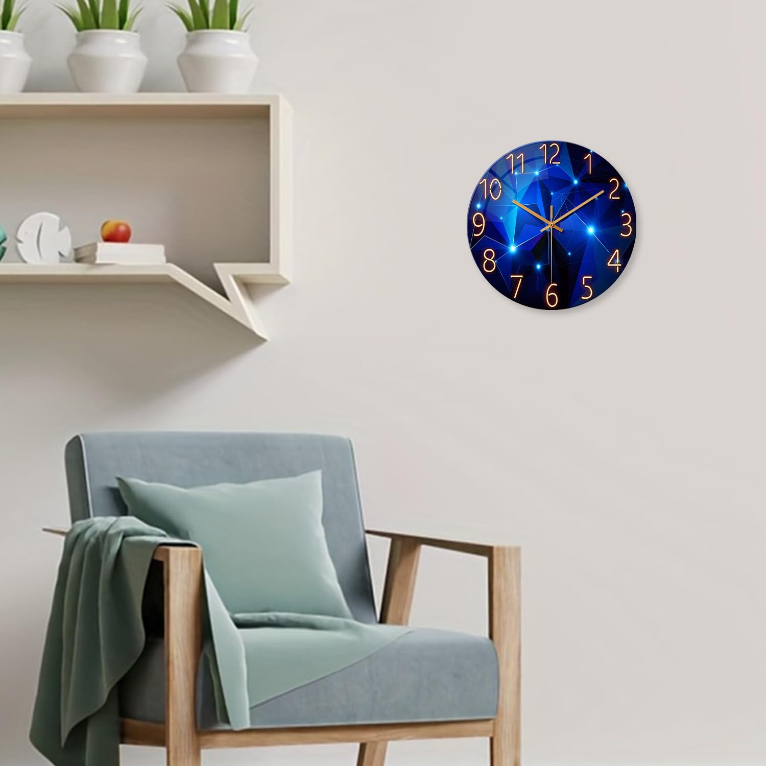 Constantplanet blue wall clock dial closeup shows clear numerals and high-contrast visibility