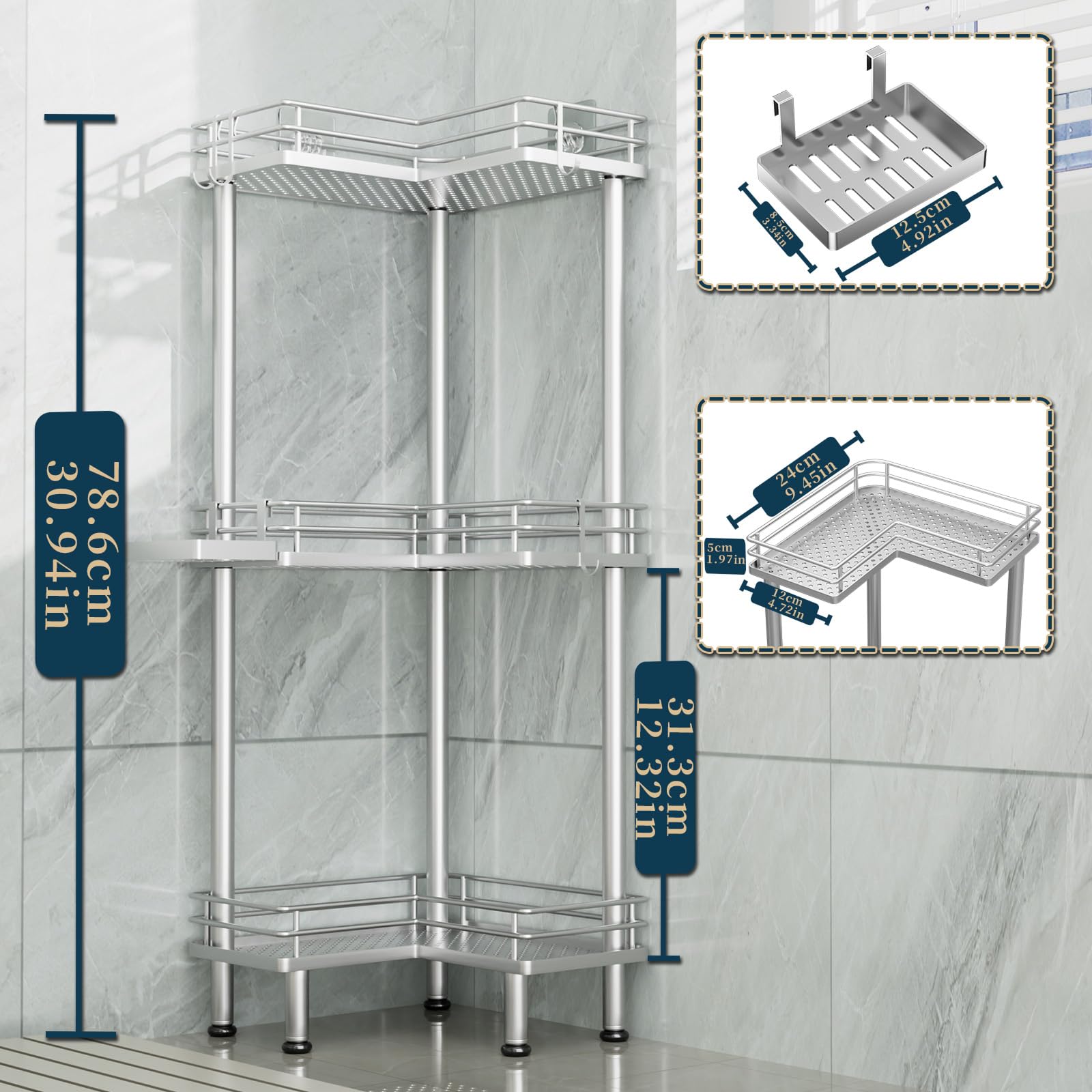 Consumest corner shower caddy adjustable-feet stabilize on uneven bathroom floors