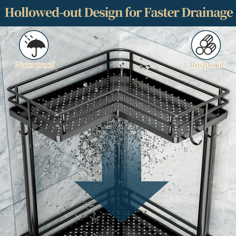 Consumest corner shower caddy adjustable feet ensure stability on uneven bathroom floors.