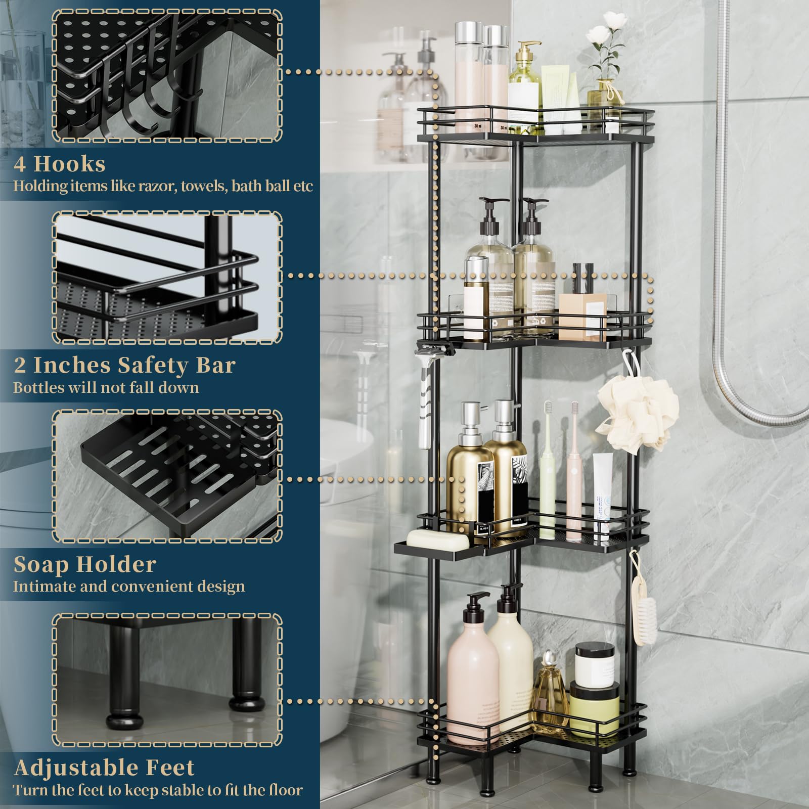 Consumest corner shower caddy drainage holes prevent water buildup and keep items dry.