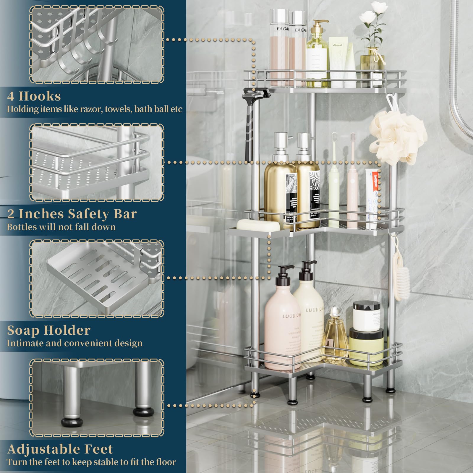 Consumest corner shower caddy drainage-holes prevent water buildup around items