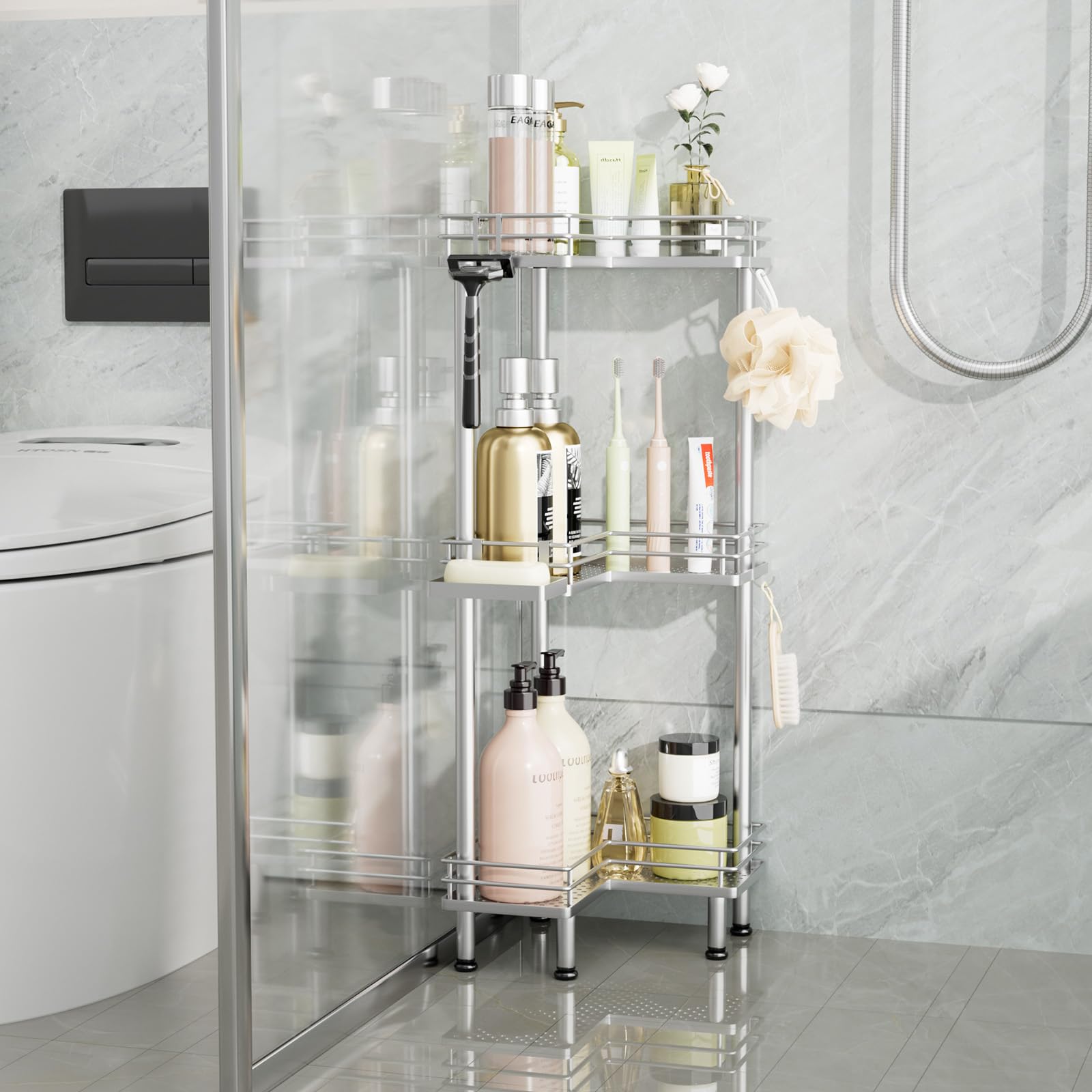 Consumest corner shower caddy large-capacity holds bulky bottles and essentials