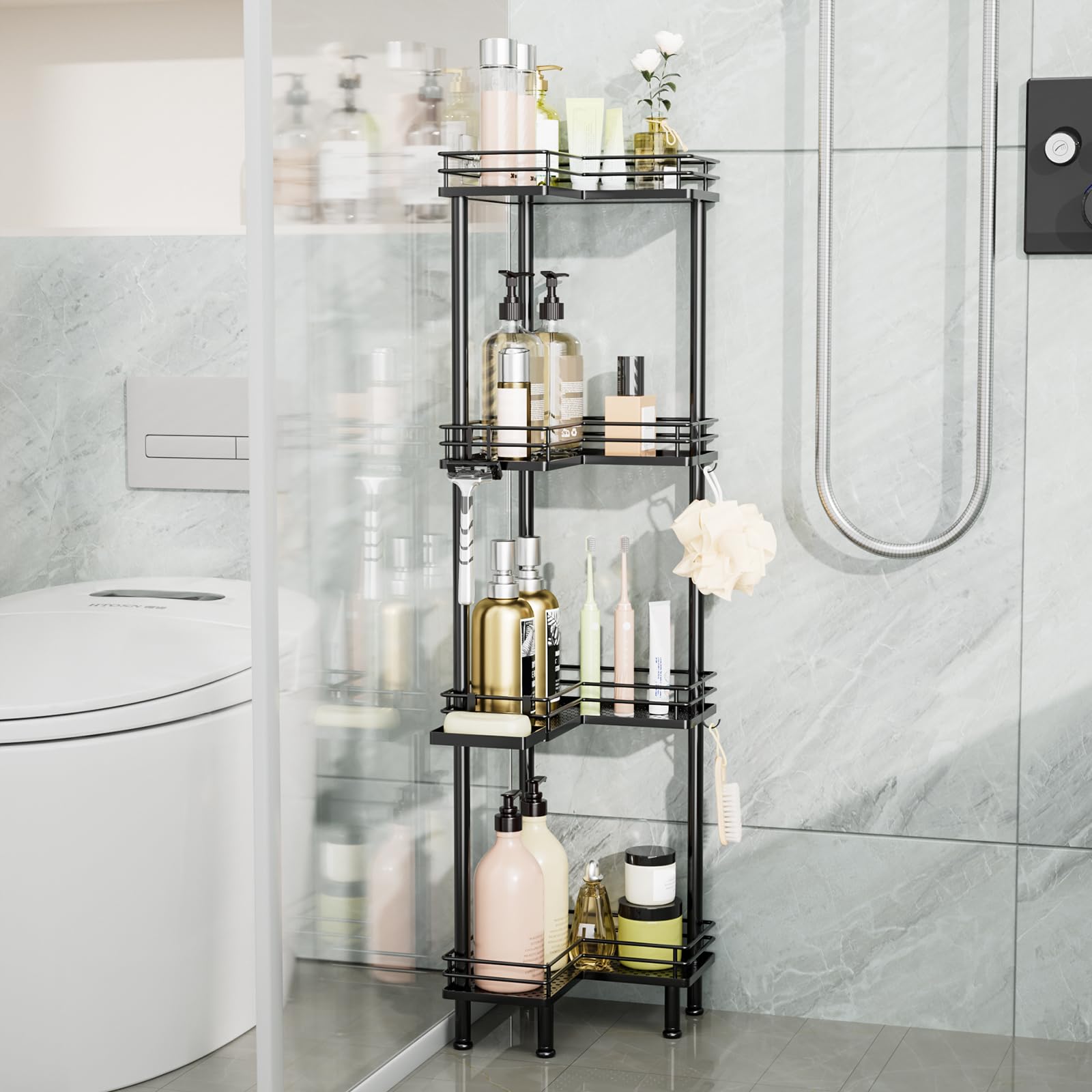 Consumest corner shower caddy safety rails prevent slips by securing items in place.