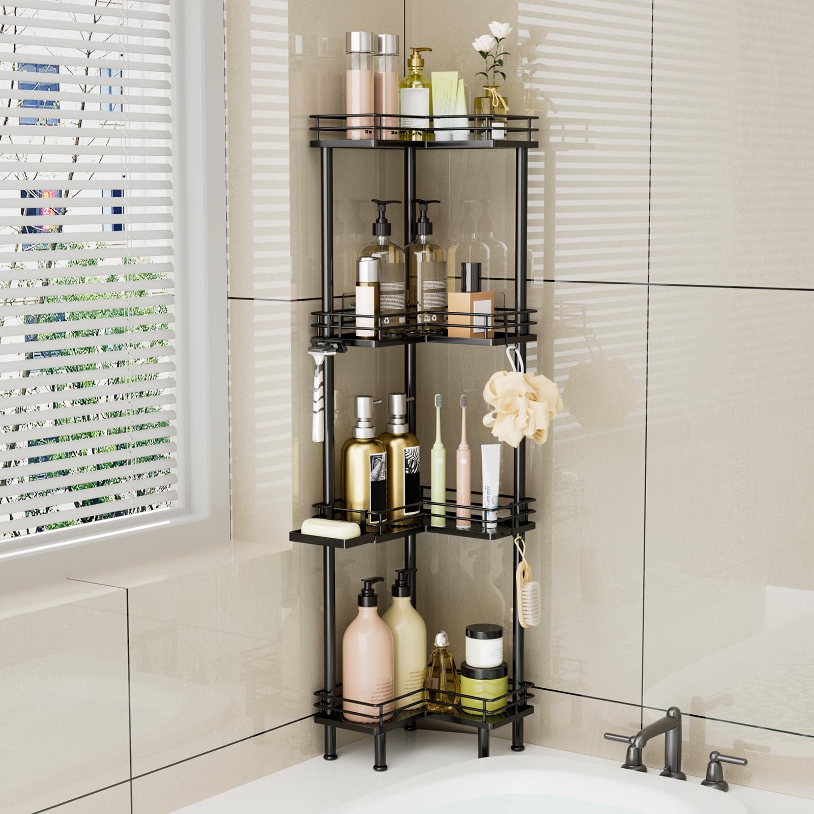 Consumest corner caddy offers ample storage for bulky bottles and daily essentials.