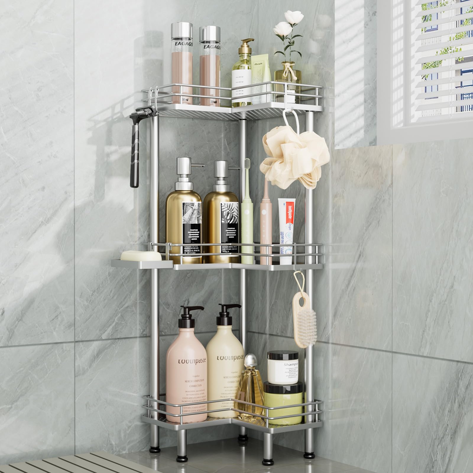 Consumest corner shower caddy stand 3-tier boosts bathroom storage and easy reach