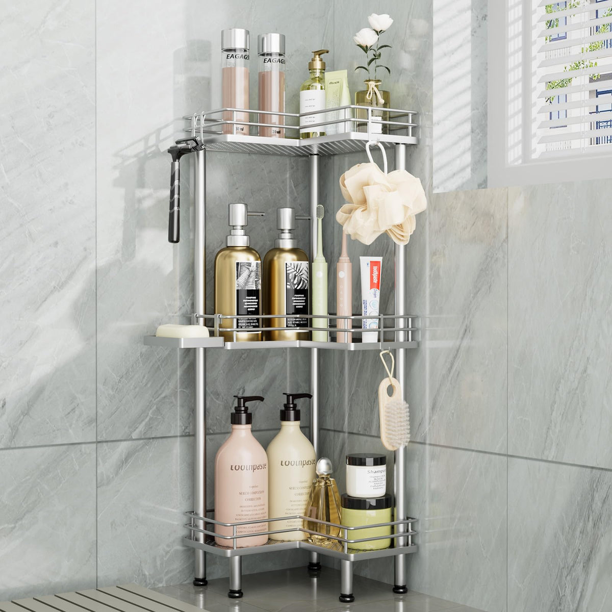 Consumest corner shower caddy stand 3-tier boosts bathroom storage and easy reach