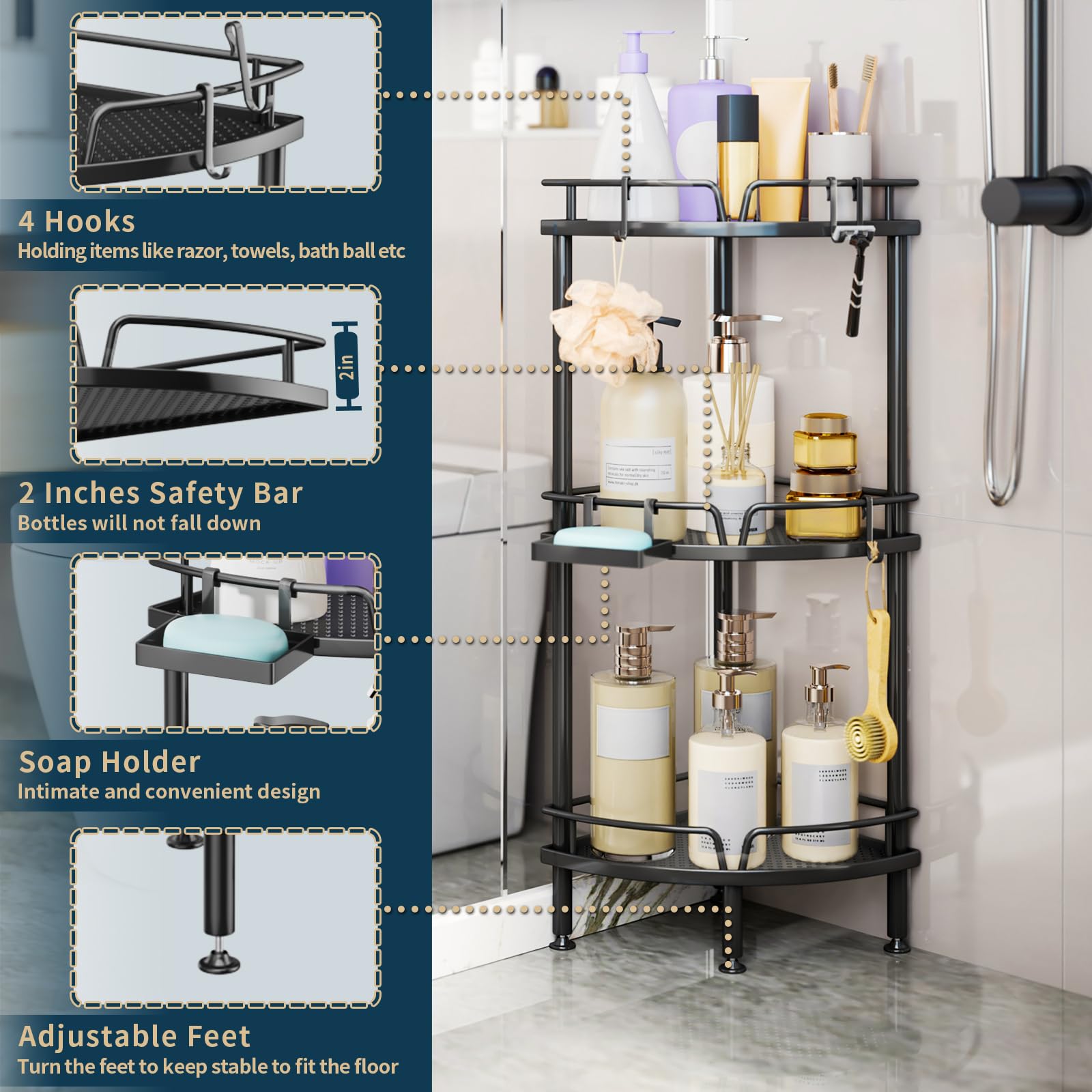 Consumest corner shower caddy stand four hooks keep razors and towels within reach