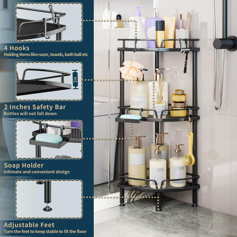 Consumest corner shower caddy stand four hooks keep razors and towels within reach