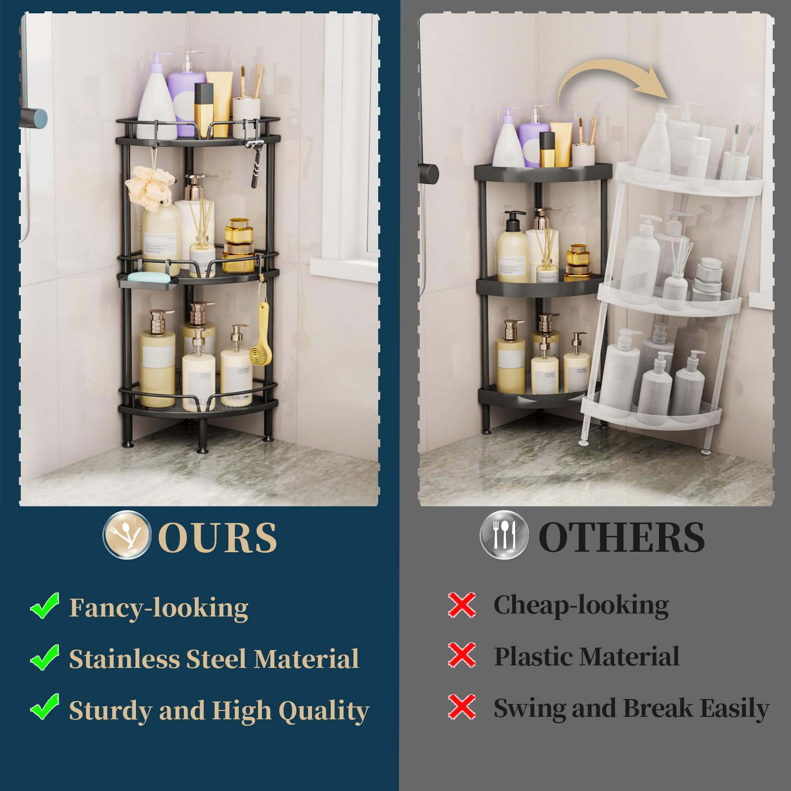 Consumest corner shower caddy stand side view demonstrates 2-inch rails preventing items from falling
