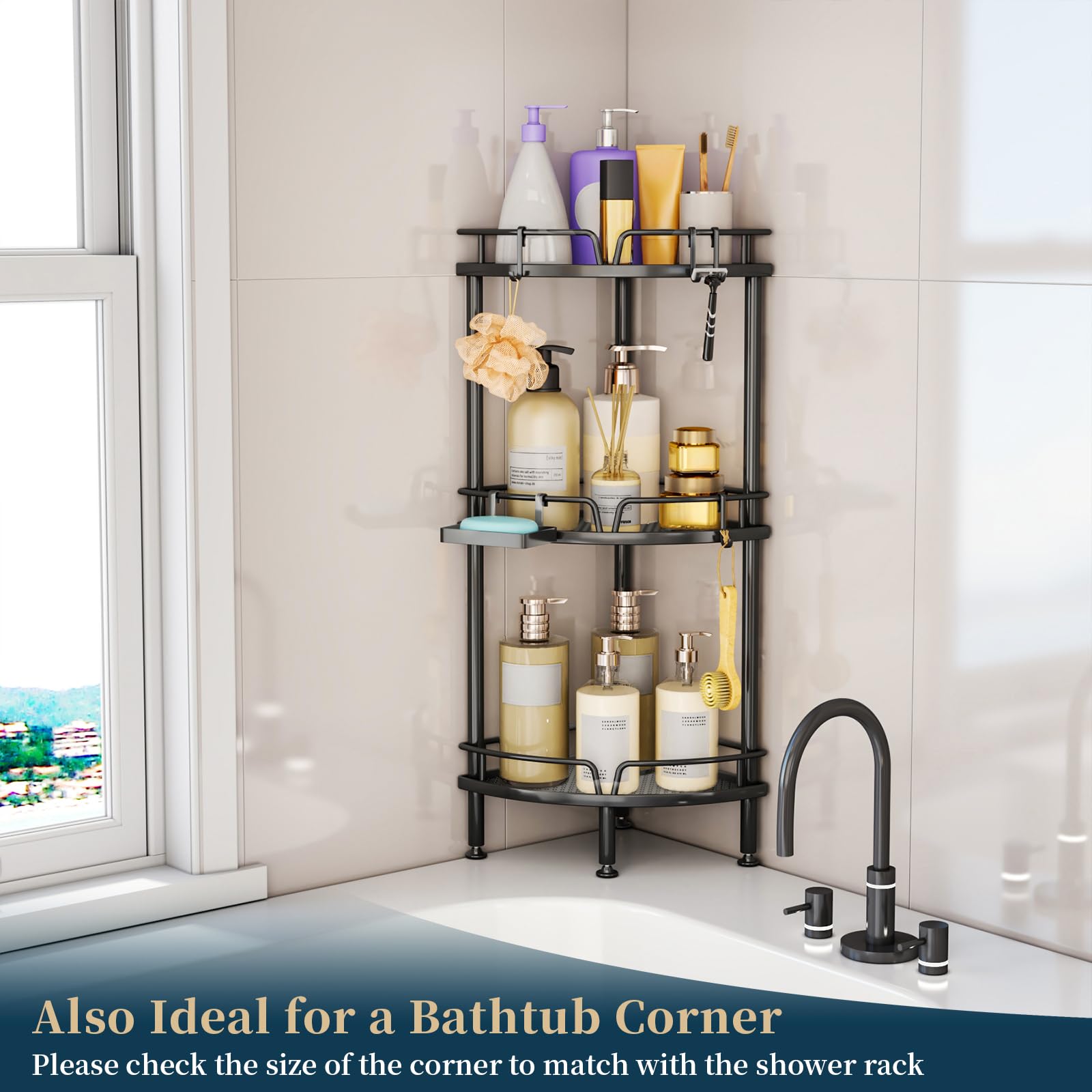Consumest corner shower caddy stand three-tier shelves showing compact footprint