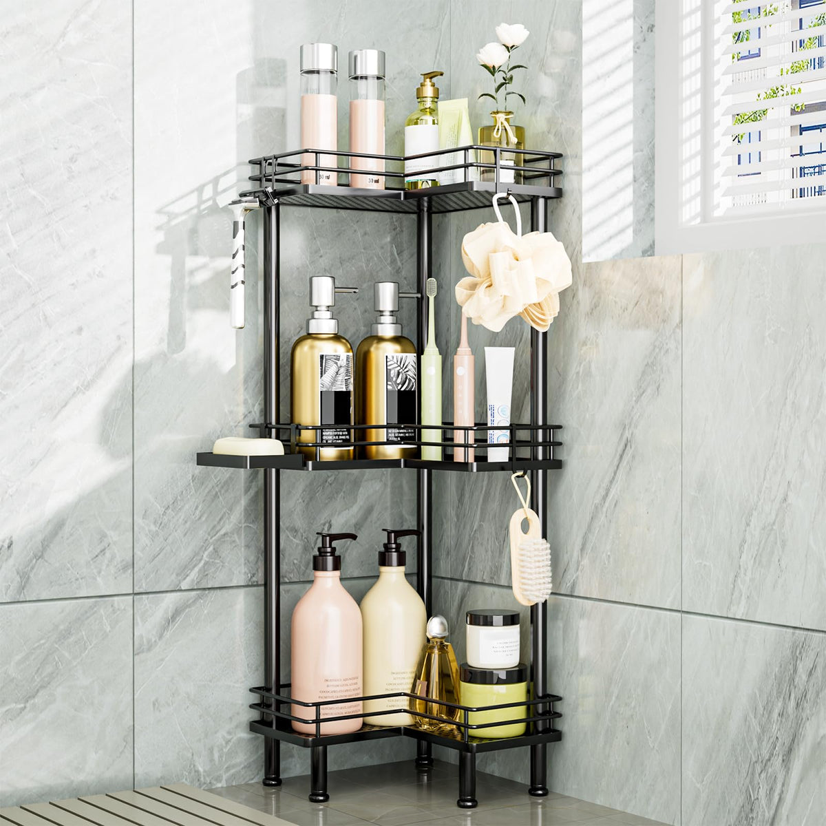 Consumest corner shower caddy standing 3-tier in black for tidy bathroom storage