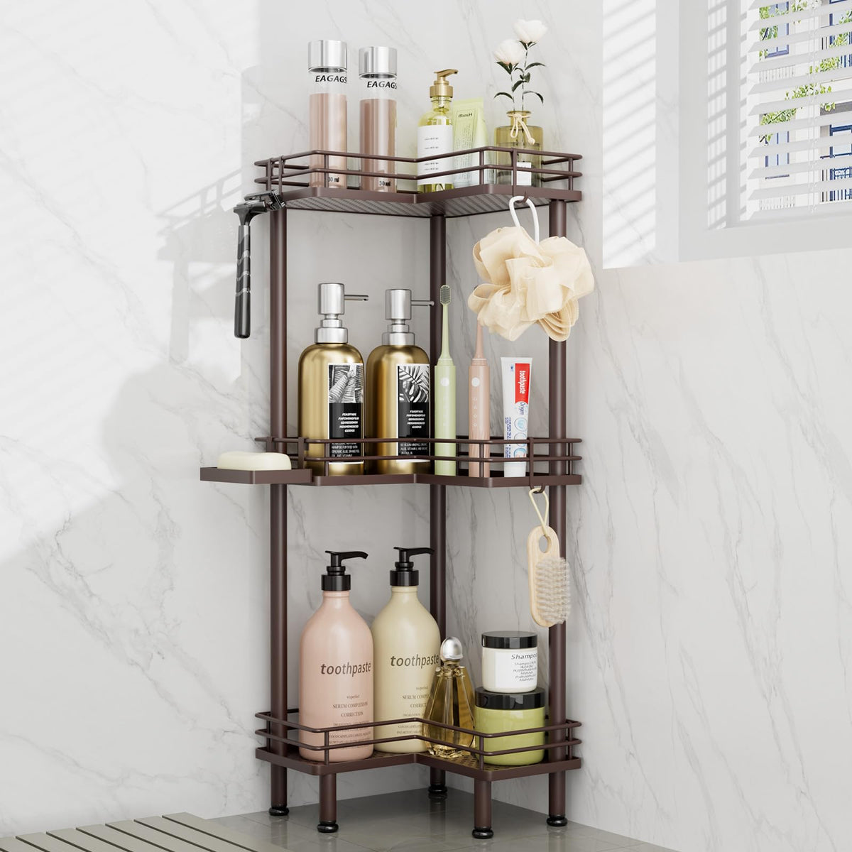 Consumest corner shower caddy standing 3-tier bronze keeps bathroom essentials organized and accessible.